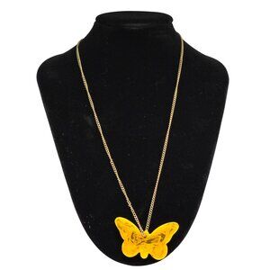 Vintage Y2K Yellow Butterfly Pendant‎ Necklace Gold Tone Chain Acrylic Statement